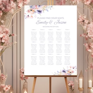 Tabel Stoelen Pastel Wilde bloemen Bruiloft Stoelindeling Bord Bord trouwplan Bord met bloemen Bordje Vind je stoel Neem plaats