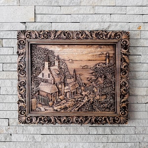 Seaside House wooden carved picture | Wooden Picture | Wood carving picture wall decoration plaque | women figure | Wood wall art