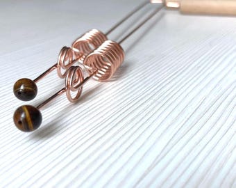 2pcs Tiger Eye Copper Dowsing Rods with Crystals