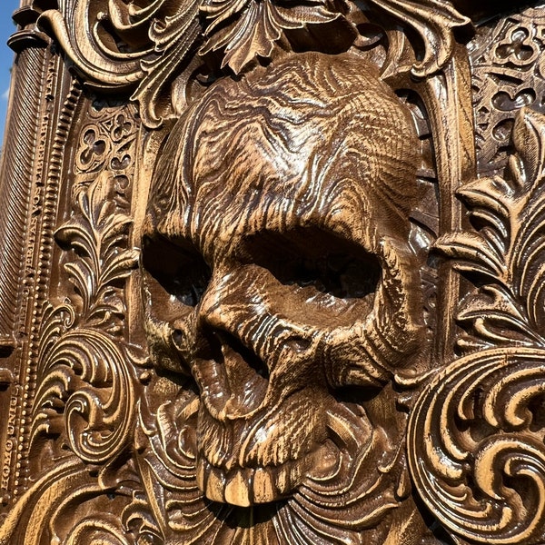 Panneau sculpté Big Skull en bois | décoration murale en bois | Crâne sculpté en bois | Sculpture décorative murale | Santa Muerte | art sombre