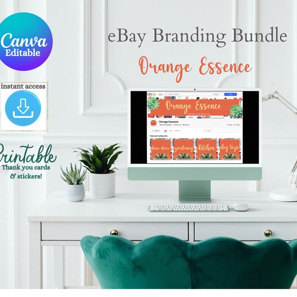 eBay Store Branding Bundle, Orange Succulent, Canva Templates, Logo, Banner, Printable Thank You, Stickers Cards, Digital Download, Boutique