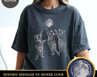 Camiseta unisex con código Morse de Trump, mapaches divertidos aullando a la luna, colores cómodos, bolsa de mano con mensaje oculto, regalo de meme
