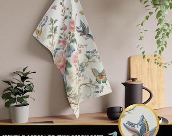 Paño de cocina con estampado chinoiserie "Sutil Fuck Trump", pájaros y mariposas florales, regalo para anfitriona, regalo de inauguración de la casa, paño de cocina