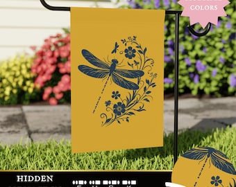 Bandera de jardín anti-Trump con sutil mensaje oculto de "Fuck Trump", flores y libélula con cola en código Morse, regalo de la bandera de la Resistencia Progresista