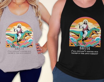 Camiseta divertida con Jesús montando dinosaurio, Trump, Anticristo, humor político, humor cristiano, anti-Trump, regalos para demócratas.