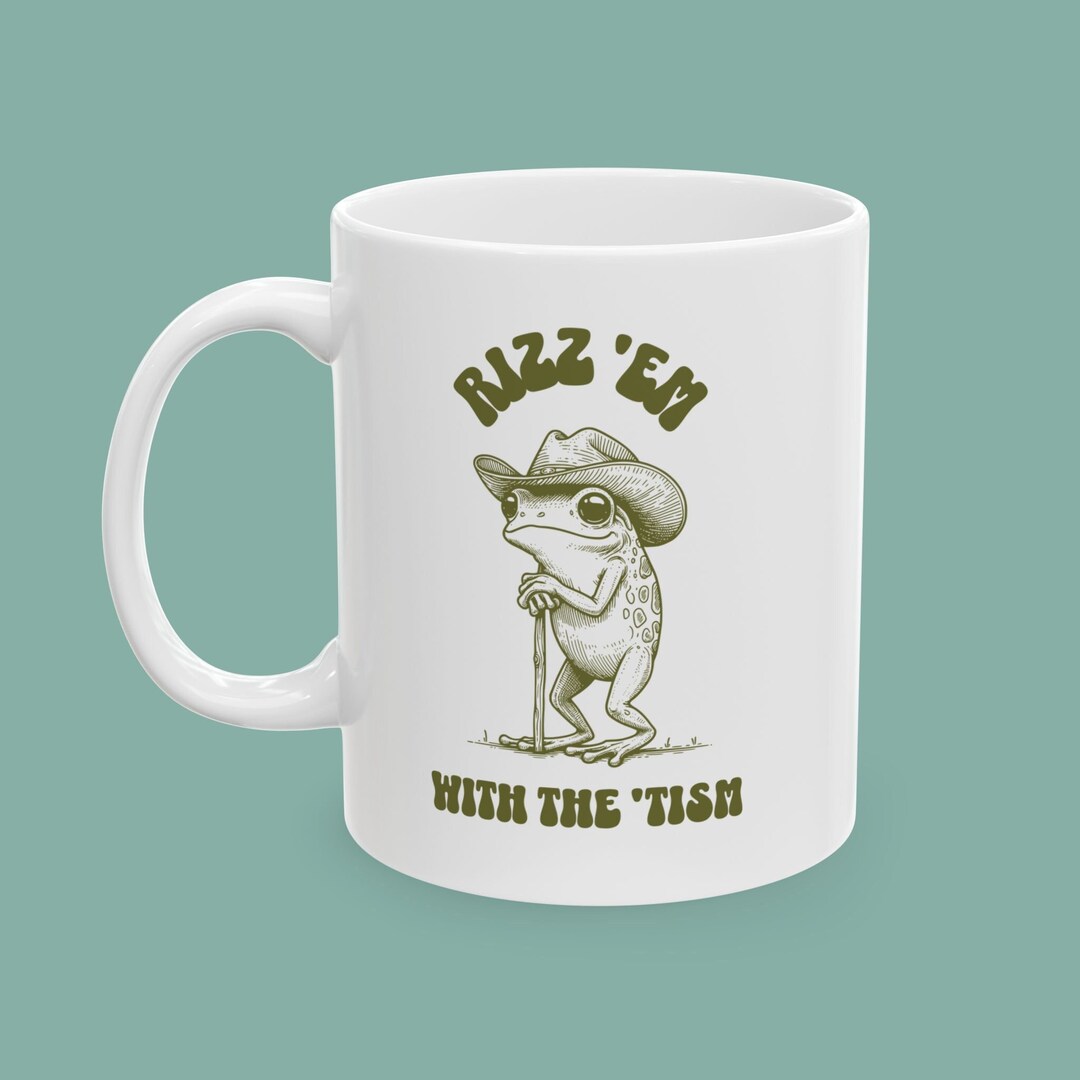 Rizz 'em With the 'tism Mug, Cute Frog Cup, Meme Mug, Retro Cowboy Frog ...