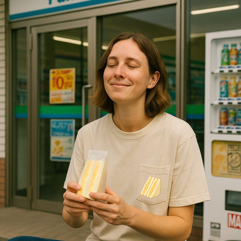 Tamago sando pocket t shirt in ivory worn by woman with egg sandwich pocket print