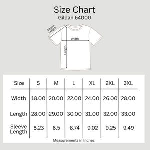 Size chart for Gildan 64000 unisex t-shirt with chest and length measurements in inches for sizes S to 3XL