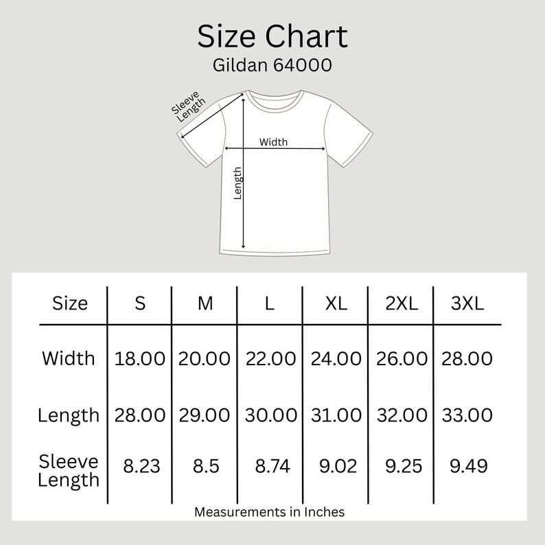 Size chart for Gildan 64000 unisex t-shirt with chest and length measurements in inches for sizes S to 3XL