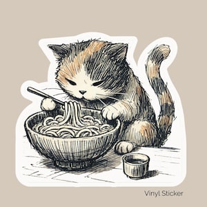 Udon Cat Sticker, Cute Calico Cat Japanese Noodle Vinyl Decal, Cat Lover Gift for Laptop or Journal