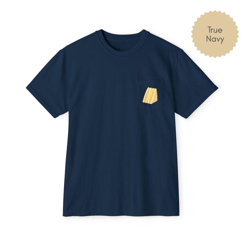 Tamago sando pocket t shirt in true navy with egg sandwich print on chest pocket