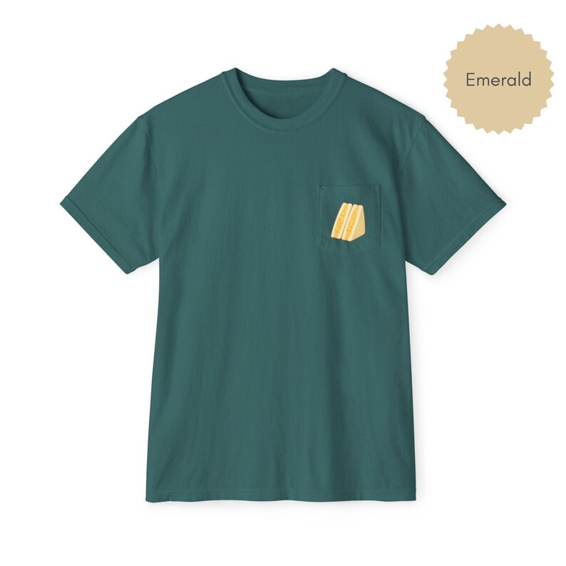 Tamago sando pocket t shirt in emerald with egg sandwich print on chest pocket