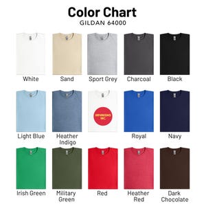 Color chart showing available Gildan 64000 t-shirt shades including navy, black, red, green, grey, and more
