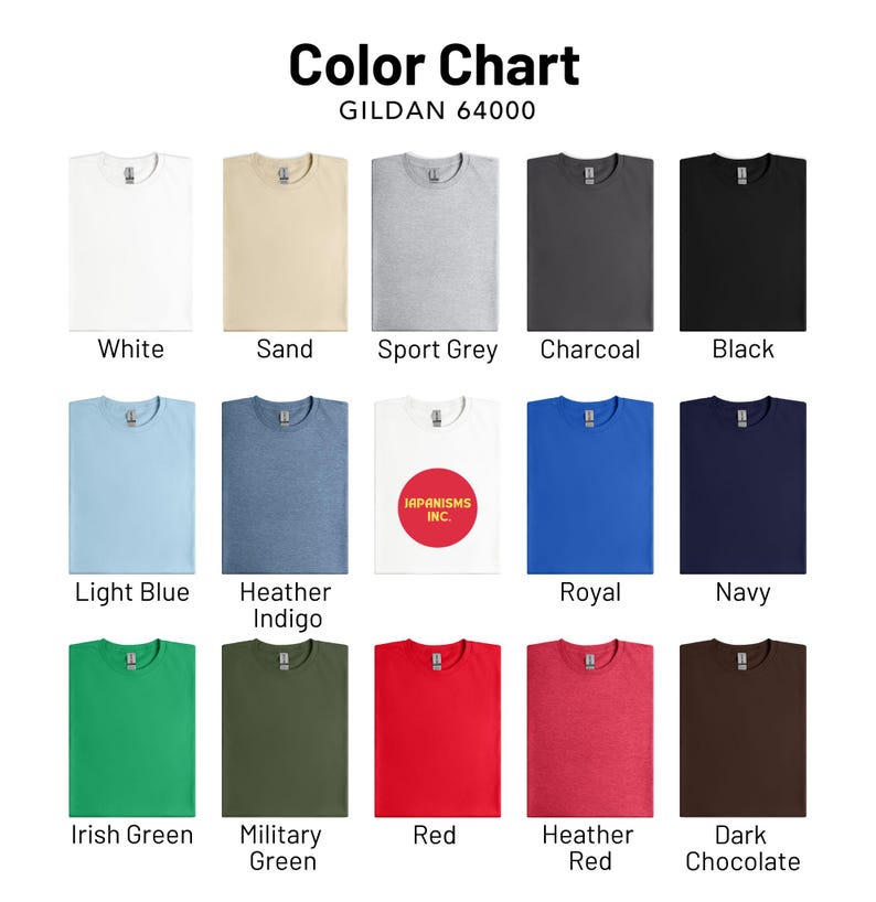 Color chart showing available Gildan 64000 t-shirt shades including navy, black, red, green, grey, and more