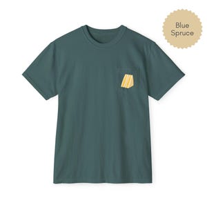 Tamago sando pocket t shirt in blue spruce with egg sandwich print on chest pocket