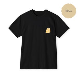 Tamago sando pocket t shirt in black with egg sandwich print on chest pocket