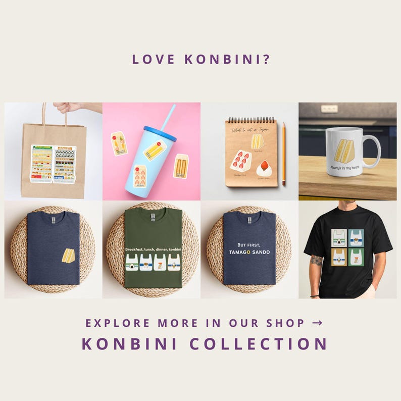 Konbini collection preview featuring Japanese convenience store inspired stickers, mugs and t-shirts
