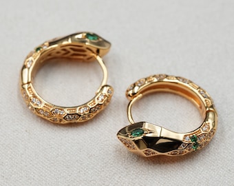 Gold Plated Sterling Silver Snake Hoop Earrings, Zircon Serpent Jewelry