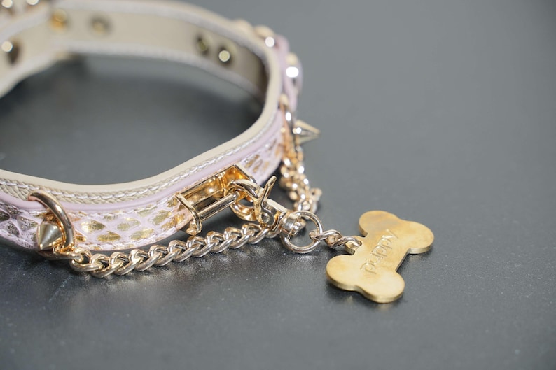 Puede incluir: Un collar de perro de cuero rosa con tachuelas doradas y una cadena dorada unida a una etiqueta dorada en forma de hueso que dice "Poppy".