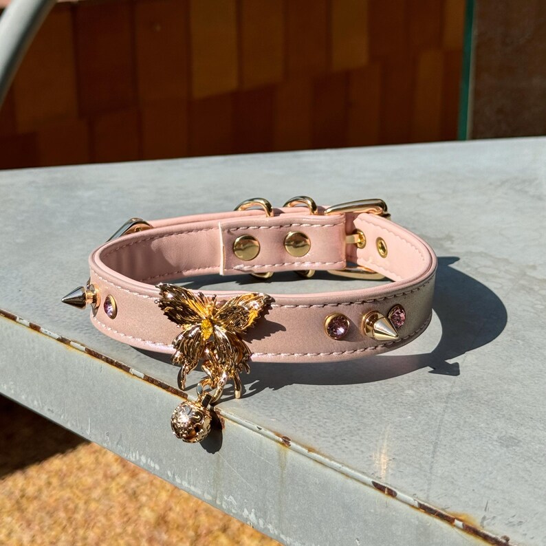 May include: A pink leather choker with gold accents and a dangling butterfly charm. The choker has small spikes and rhinestones.