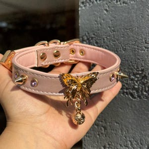 May include: A pink leather choker with gold accents and a dangling butterfly charm. The choker has small spikes and rhinestones.