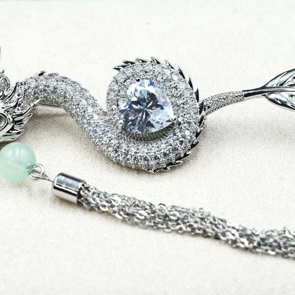 Luxurious Dragon Tassel Brooch Pin - Copper, Cubic Zirconia & Crystal Embellished/Dragon Brooch/Crystal Brooch/Unique Jewelry/Fashion Pin