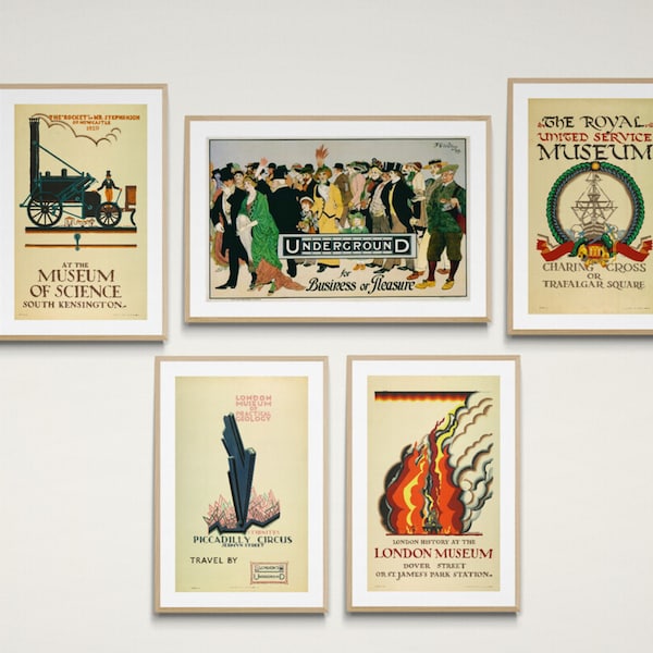 London Underground, British Museum Posters, Vintage English Museums, home gift, United kingdom, Wall art, Set of 5, Commercial Use permitted