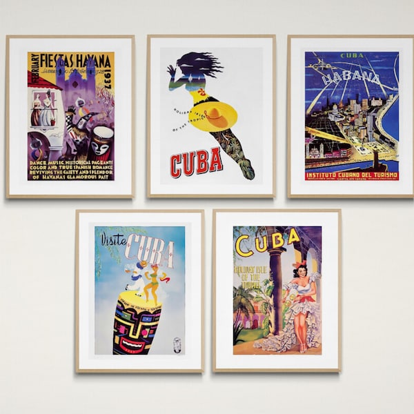 Cuba Travel Posters, Cuba Holiday, Havana, Habana, Vintage, Gallery Wall Art, Set of 5, Commercial Use OK,  game room art, man cave art