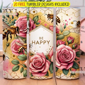 Gobelet fin Be Happy 20 oz design sublimation, emballage de gobelet abeille tournesol PNG