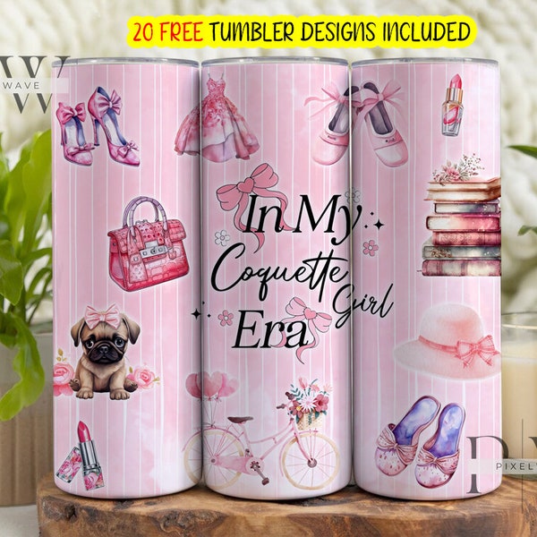 Coquette Style Tumbler Wrap, Pink Bow Aesthetic Girly 20 oz Skinny Tumbler PNG, Preppy Ribbon Feminine Design File, In My Coquette Girl Era