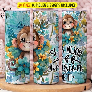 Puede incluir: Tres vasos blancos con un diseño de acuarela que presenta un mono, flores y el texto en español "Se a mejor version de ti" que se traduce como "Sé la mejor versión de ti mismo".