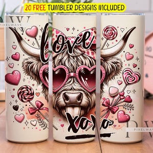 XOXO Valentinstag 20 Unzen Tumbler Wrap, Highland Kuh Sublimationsdesign, Valentine Tumbler Png Download