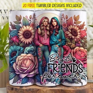 Diseño de sublimación flaco de 20 oz de mejores amigos para siempre, PNG de afirmación de mejores amigos, vaso de girasoles de chica tatuada PNG