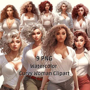 9 Watercolor Curvy Girl Clipart, Curvy Fashion Clipart, Curvy girl Clipart, Curvy Woman Clipart, Fashion ClipArt, Curvy Afro Girl Clipart