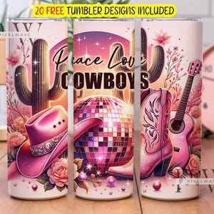 Peace Love Cowboys 20 Oz Skinny Sublimation Tumbler PNG, Design Tumbler Cappello Stivali Country Western Download Digitale