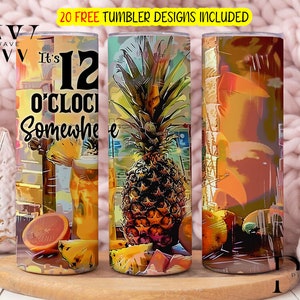 Tropical Pineapple Sunset Tumbler Png, Beach Scene Insulated Drinkware It&#39;s 12 O&#39;Clock Somewhere Quote PNG 20oz Skinny Tumbler Sublimation