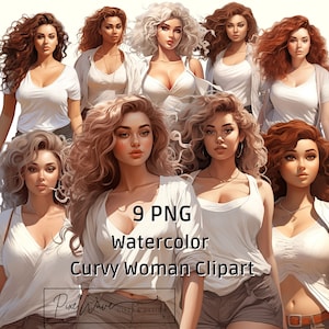 9 Watercolor Curvy Girl Clipart, Curvy Fashion Clipart, Curvy girl Clipart, Curvy Woman Clipart, Fashion ClipArt, Curvy Afro Girl Clipart