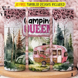 Camping Queen Tumbler Wrap, Camping Queen 20oz Skinny Tumbler Design, Diseño de sublimación de camping, Pink Camper Tumbler Png Descargas