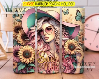 Gobelet d'emballage Summer Vibes, design de gobelet à sublimation mince 20 oz, Papier d'emballage à sublimation pastel floral, Gobelet d'été fleurs Png à télécharger