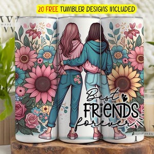 Best Friends Forever 20 oz skinny sublimatieontwerp, bevestiging beste vrienden png, beker met zonnebloemen tattoomeisje png