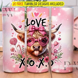 XOXO Valentinstag 20 Unzen Tumbler Wrap, Highland Kuh Sublimationsdesign, Valentine Tumbler Png Download