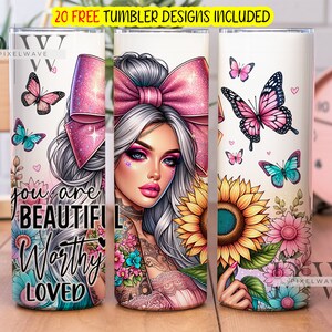 Você é Lindo Self Love Tumbler Wrap png, Afirmação 20oz Skinny Sublimation Design, Citação Motivacional, Tatuagem menina Girassóis Png