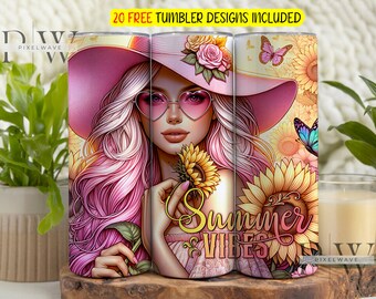Gobelet d'emballage Summer Vibes, design de gobelet à sublimation mince 20 oz, Papier d'emballage à sublimation pastel floral, Gobelet d'été fleurs Png à télécharger
