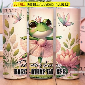 Prendi più rischi, balla più balli, 20 Oz Skinny Sublimation Tumbler PNG, design carino per tumbler con rana, download di tumbler PNG