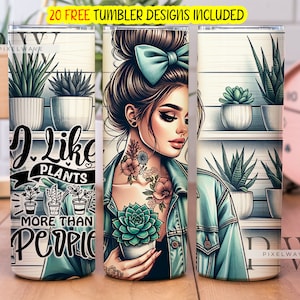 J'aime les plantes plus que les gens 20 oz design de gobelet à sublimation maigre, aquarelle, design de sublimation de plantes, gobelet fille florale à télécharger PNG