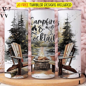 Fogatas y cócteles Diseño de sublimación de vaso flaco de 20 oz, Envoltura de fogata Png, Equipo de camping png, Vaso de verano para acampar, Vaso de viaje