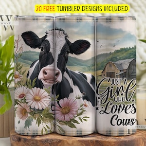 May include: A set of three white tumblers with a black and white cow design. The cow is surrounded by pink and white flowers. The tumbler on the right has the text "Just a Girl Who Loves Cows" in black lettering.