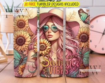 Gobelet d'emballage Summer Vibes, design de gobelet à sublimation mince 20 oz, Papier d'emballage à sublimation pastel floral, Gobelet d'été fleurs Png à télécharger