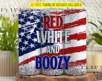 Patriotic 4th of July 20 Oz Skinny Tumbler Design, Red White Boozy American Flag Tumbler Template Sublimation