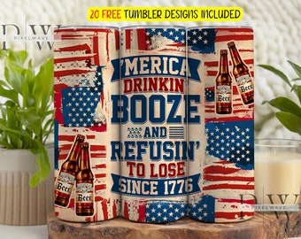 America Drinking Booze With Flag 20 Oz Skinny Tumbler Png Sublimation Design Download, USA Tumbler Wrap Png, 4th of July tumbler designs